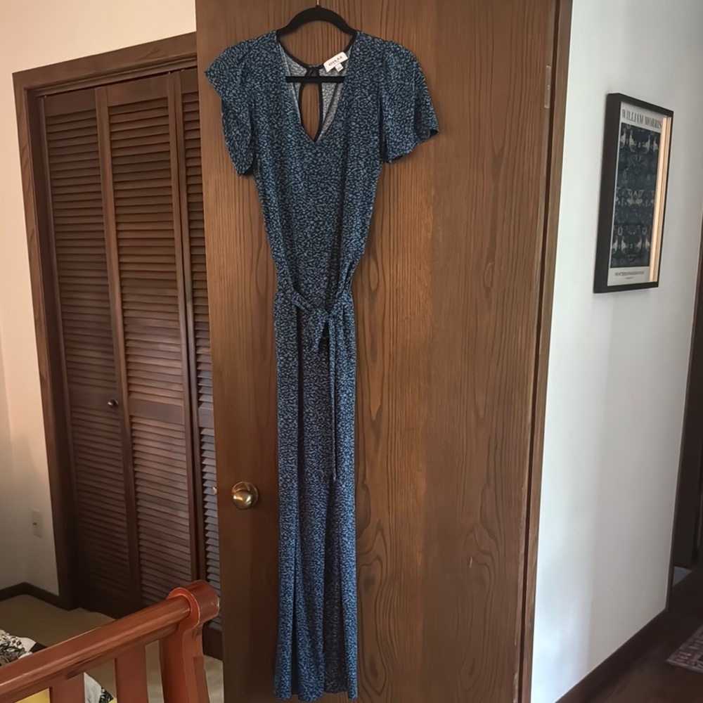 Blue Floral Jumpsuit with Tie Waist and Pockets